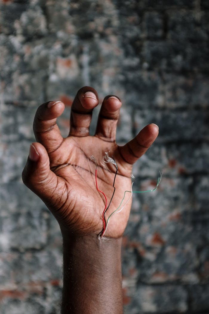 Close-up of a human hand with exposed wires, exploring futuristic technology themes.